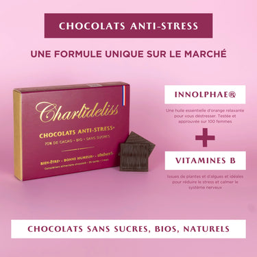 Chocolats anti-stress naturels puissants. Une formule unique sur le marché à base d'huile essentielle d'orange douce citrus sinensis qui fait partie des meilleures huiles essentielles destressantes du marché et avec des vitamines naturelles du groupe B pour apaiser le système nerveux. Un chocolat artisanal bio. Il est sans sucre ce qui en fait le chocolat pour diabétique idéal et le meilleur chocolat pour maigrir.